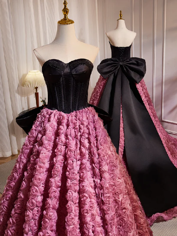 Maxi dress with sheer panels-Hepburn Style Black Pink Bow Tie Flower Long Prom Dresses