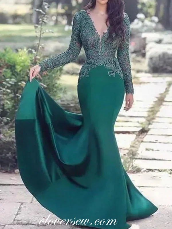 Maxi dress with peplum detail-Hunter Green Lace Long Sleeves Mermaid Prom Dresses,CP0176