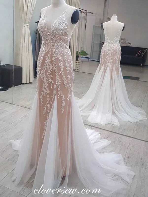 Maxi dress with textured fabric-Ivory Lace Applique Nude Lining Spagehtti Strap Prom Dresses ,CP0303