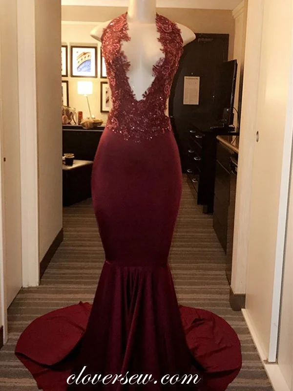 Maxi dress with backless design-Lace Bead Burgundy Jersey Halter Mermaid Prom Dresses,CP0216