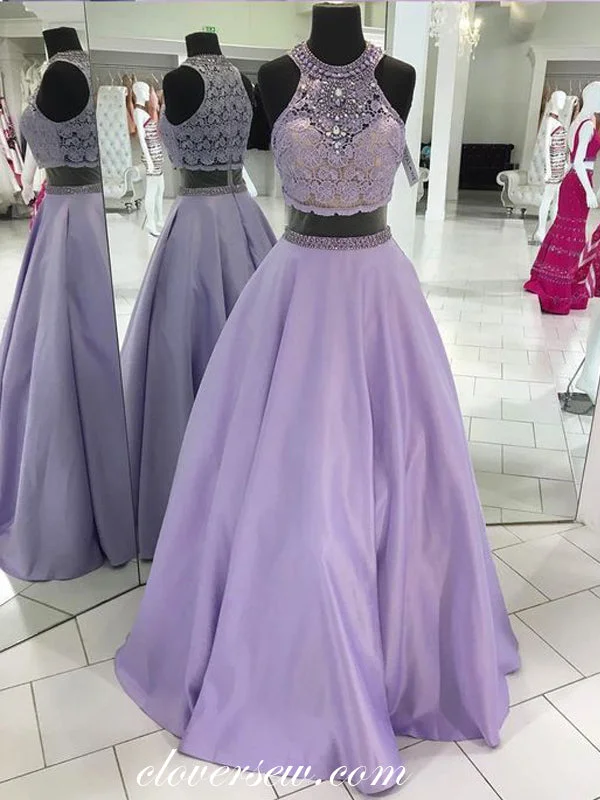 Maxi dress with bishop sleeves-Lilac Satin Lace Rhinestone Two Piece High Neck Prom Dresses, CP0068