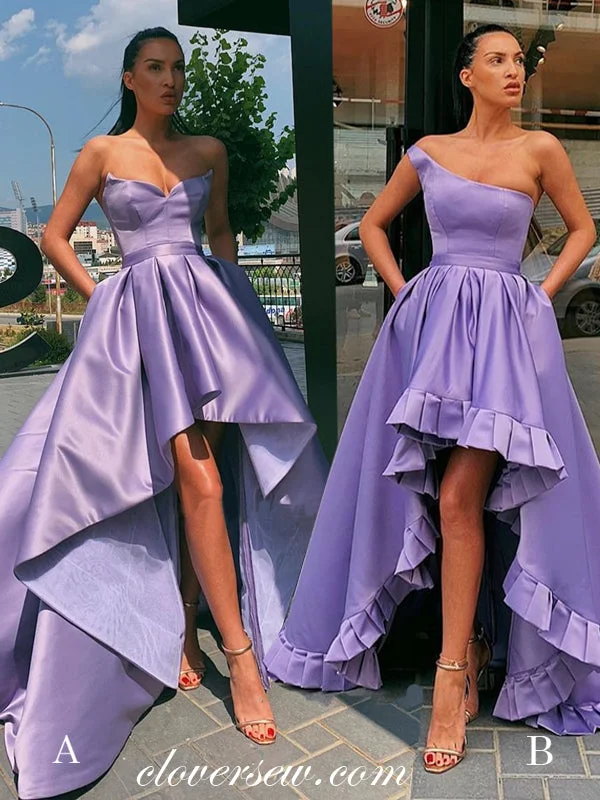 Maxi dress with side slits-Lilac Soft Satin High Low Mismatched Fashion Prom Dresses , CP0040