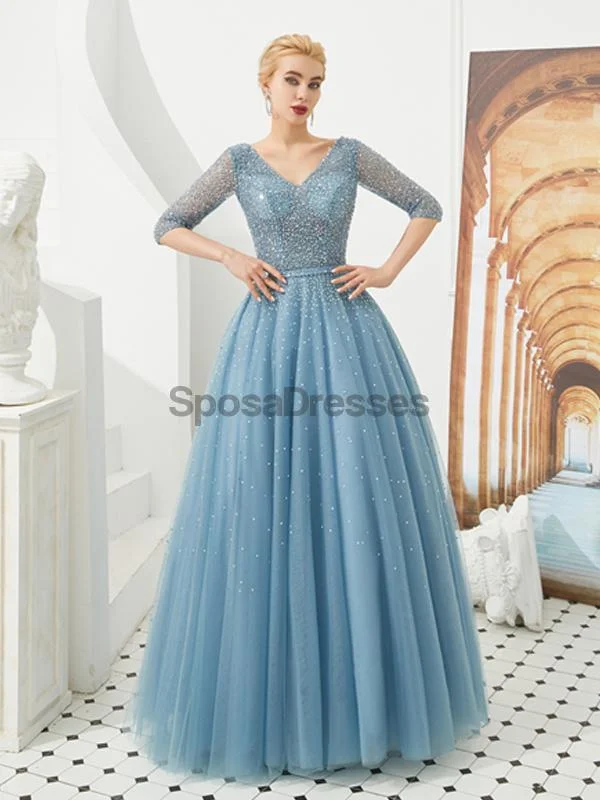 Maxi dress with high split-Long Sleeves Blue Beaded A-line Evening Prom Dresses, Evening Party Prom Dresses, 12130