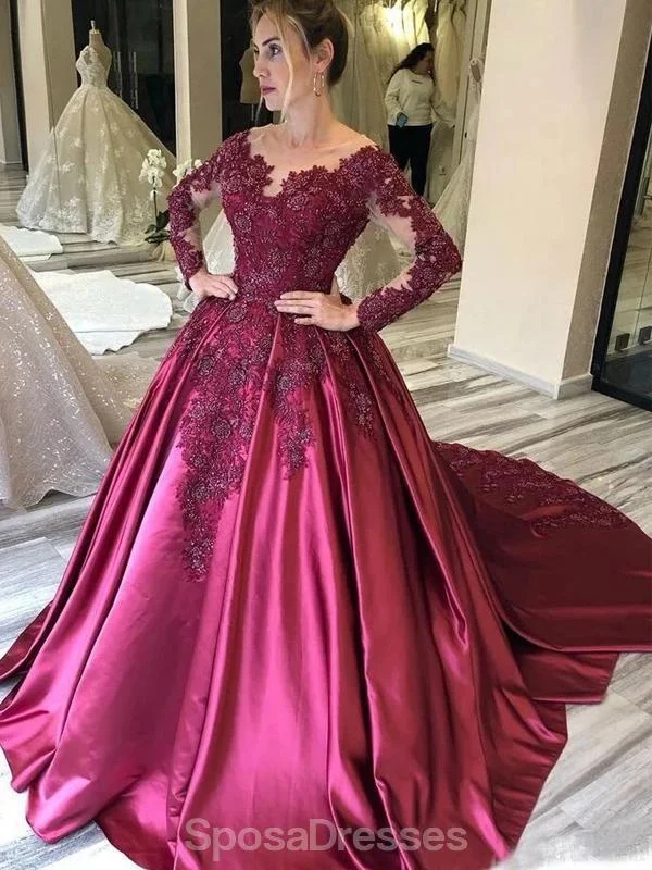 Maxi dress with retro style-Long Sleeves Lace Applique Purple Long Evening Prom Dresses, Evening Party Prom Dresses, 12177