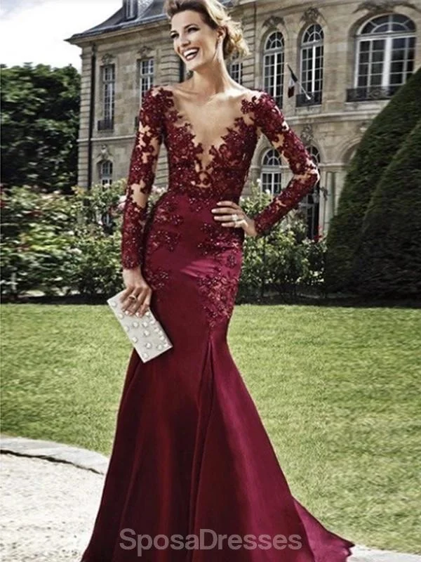 Layered ruffle maxi dress-Maroon Long Sleeves Scoop Neck Lace Mermaid Long Evening Prom Dresses, Evening Party Prom Dresses, 12201