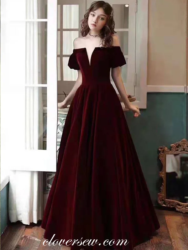 Off-shoulder casual maxi dress-Maroon Velvet Off The Shoulder A-line Prom Dresses,CP0161