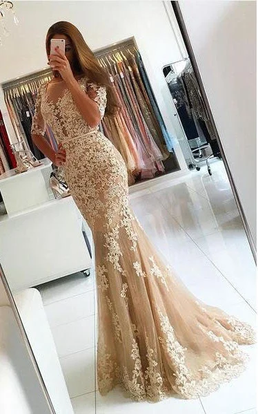 Summer maxi dress with floral print-Mermaid Floor-length Half Sleeve Lace Appliques Evening Prom Dress-331629