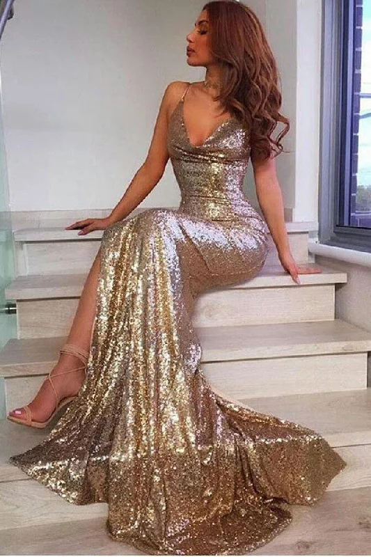 Maxi dress with keyhole back-Mermaid Trumpet Sequins Spaghetti Sleeveless Open Back Straps Prom Evening Dress-333792