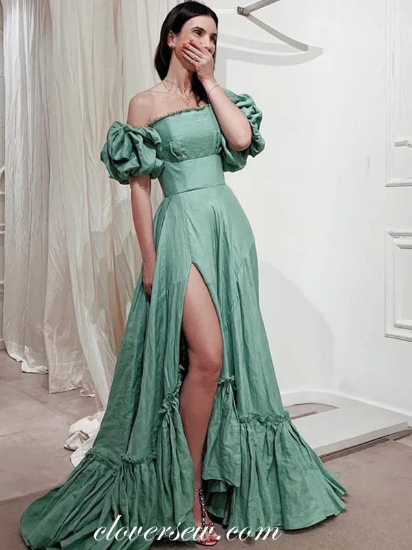 Maxi dress with smocked bodice-Mint Green Off The Shoulder Lantern Sleeves A-line Prom Dresses ,CP0307