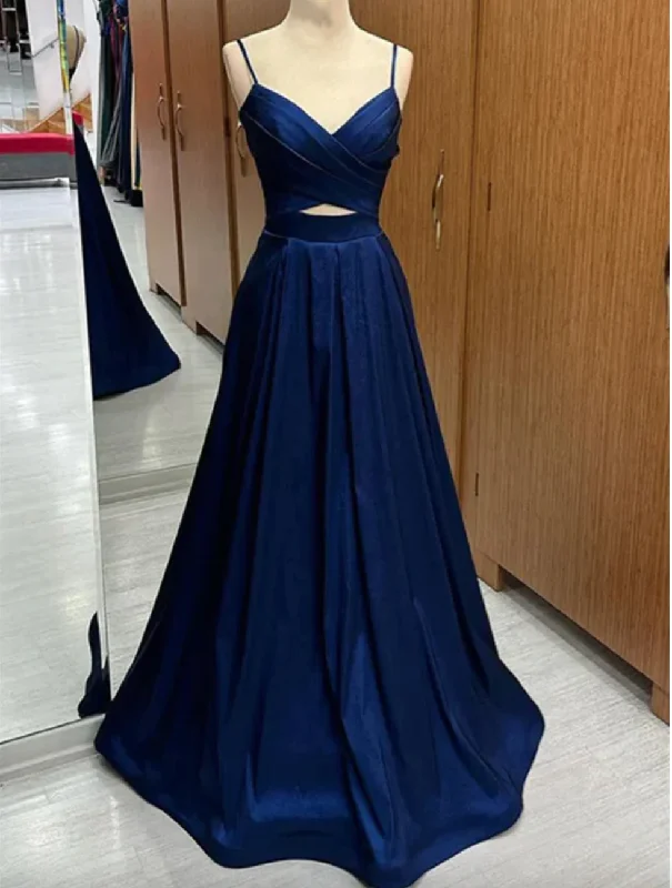 V-neckline maxi dress-Navy Blue Prom Dresses Spaghetti Straps