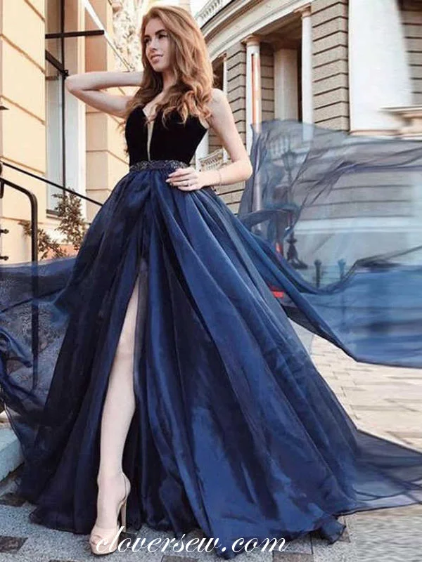 Elegant black maxi dress-Navy Organza High Slit Beading Belt Sleeveless Prom Dresses, CP0019