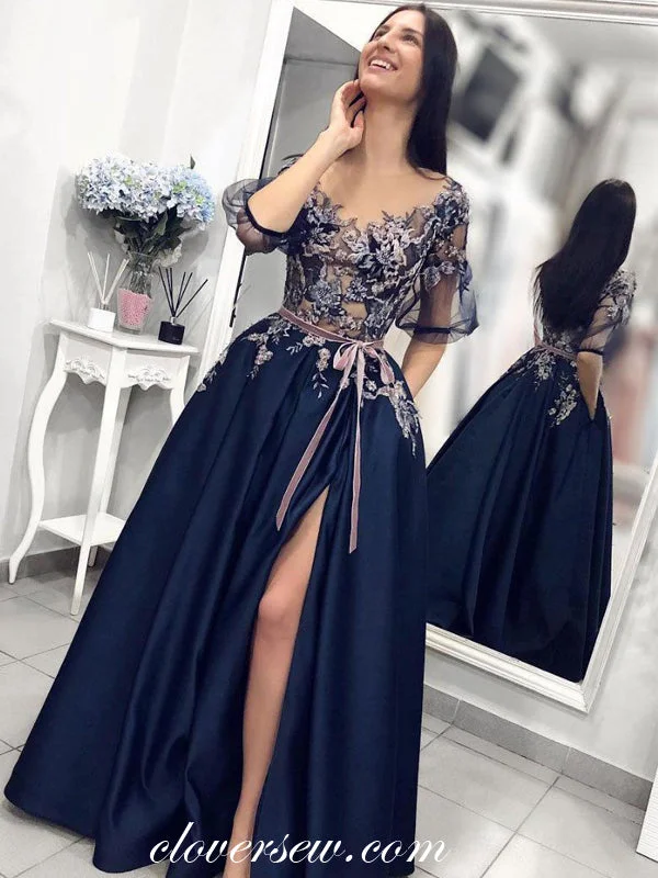 Maxi dress with asymmetrical design-Navy Satin Tulle Appliques Half Sleeves Slit Prom Dresses, CP0011