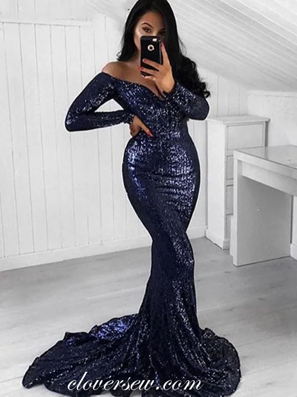 Asymmetric hem maxi dress-Navy Sequin Off The Shoulder Long Sleeves Mermaid Prom Dresses,CP0154