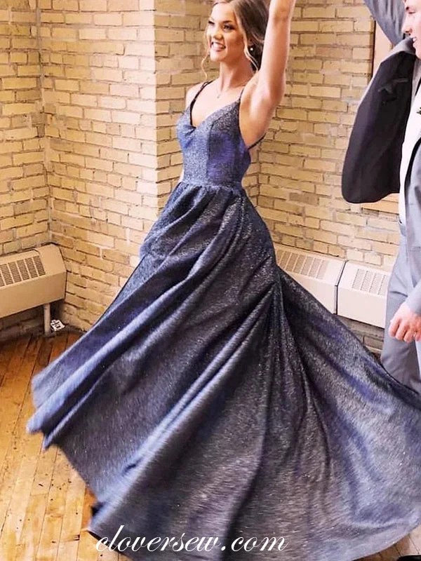 Maxi dress with backless design-Navy Shiny Satin Spaghetti Strap A-line Prom Dresses,CP0268