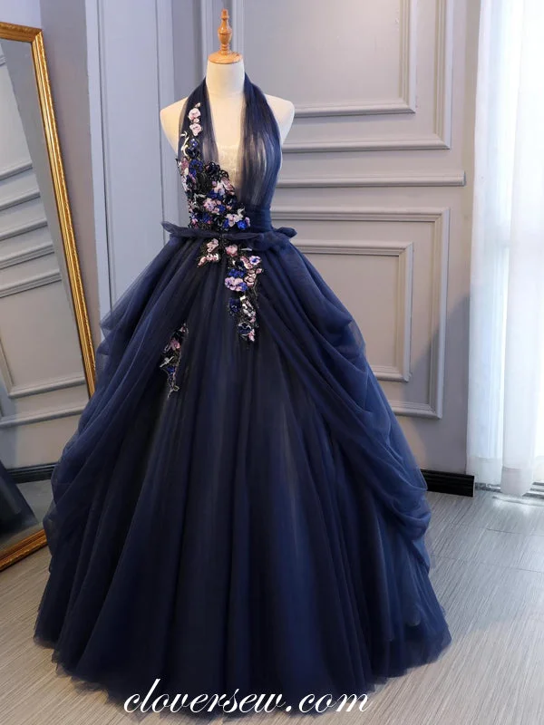 Velvet texture maxi dress-Navy Tulle Appliques Halter Gorgeous Ball Gown Prom Dresses, CP0026