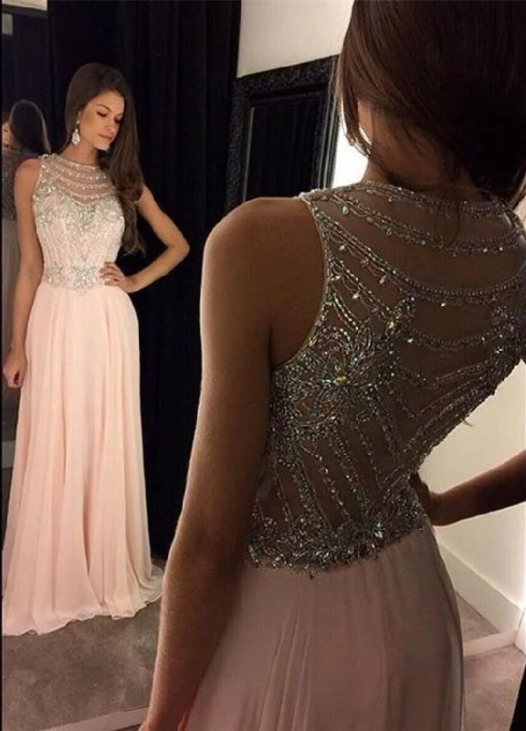 Boho-inspired maxi dress-Newest Crystals Illusion Floor-length Chiffon A-line Evening Dress 2016-323531