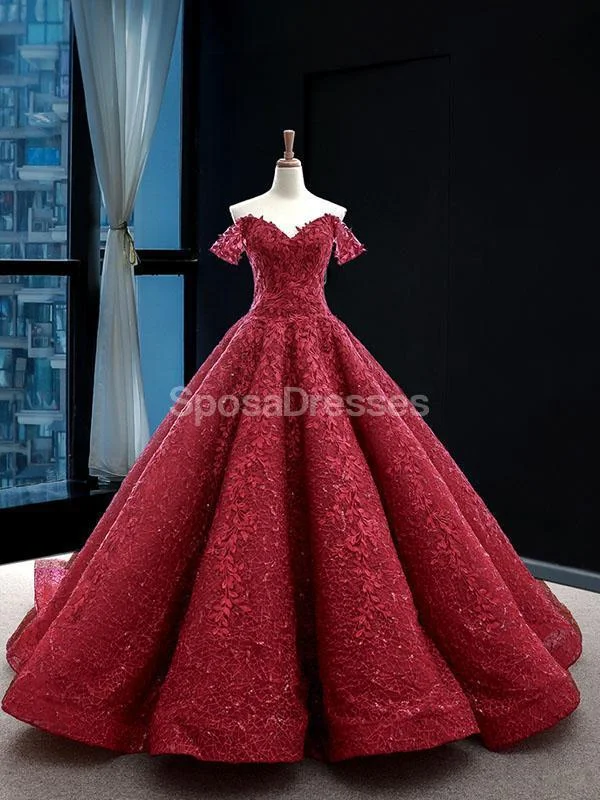 Velvet texture maxi dress-Off Shoulder Dark Red Lace Ball Gown Evening Prom Dresses, Evening Party Prom Dresses, 12258