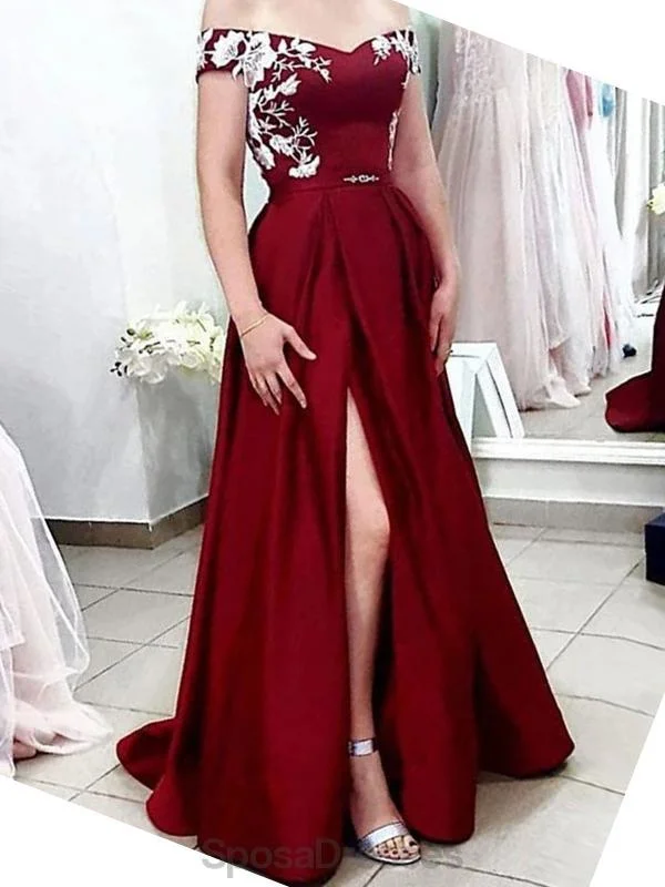 Maxi dress with adjustable straps-Off Shoulder Dark Red Side Slit Cheap Evening Prom Dresses, Evening Party Prom Dresses, 12148