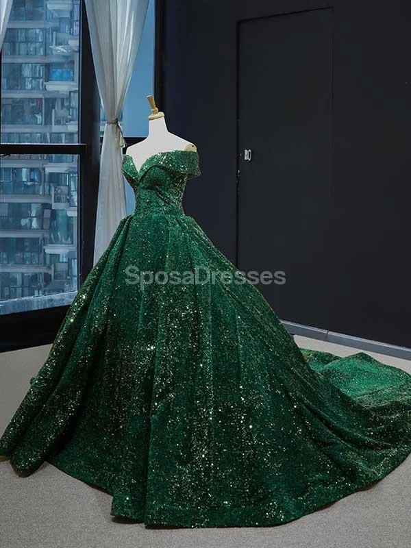 Maxi dress with high-low silhouette-Off Shoulder Emerald Green Sequin Long Evening Prom Dresses, Evening Party Prom Dresses, 12234