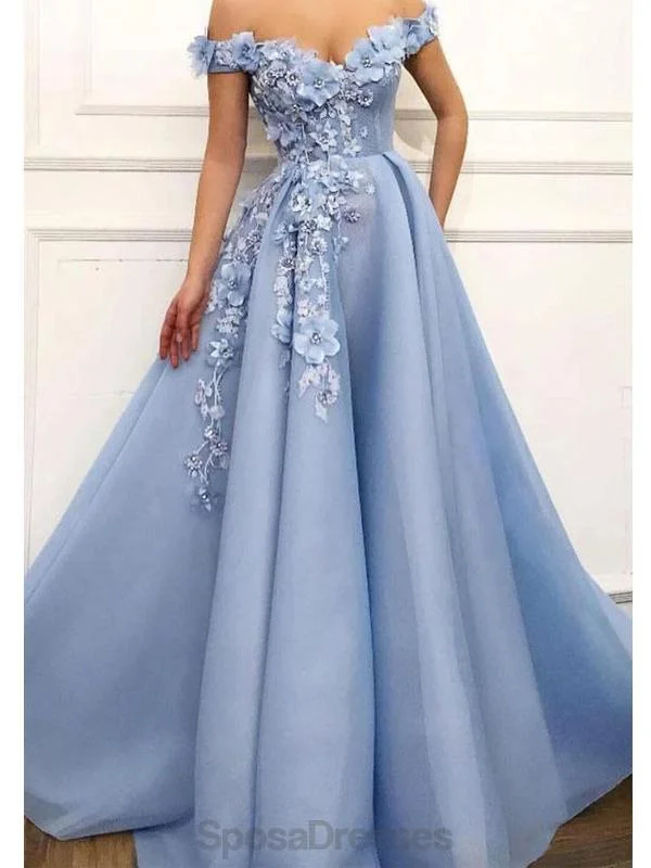 Colorblock maxi dress-Off Shoulder Handmade Flower Blue Cheap Long Evening Prom Dresses, Evening Party Prom Dresses, 12151