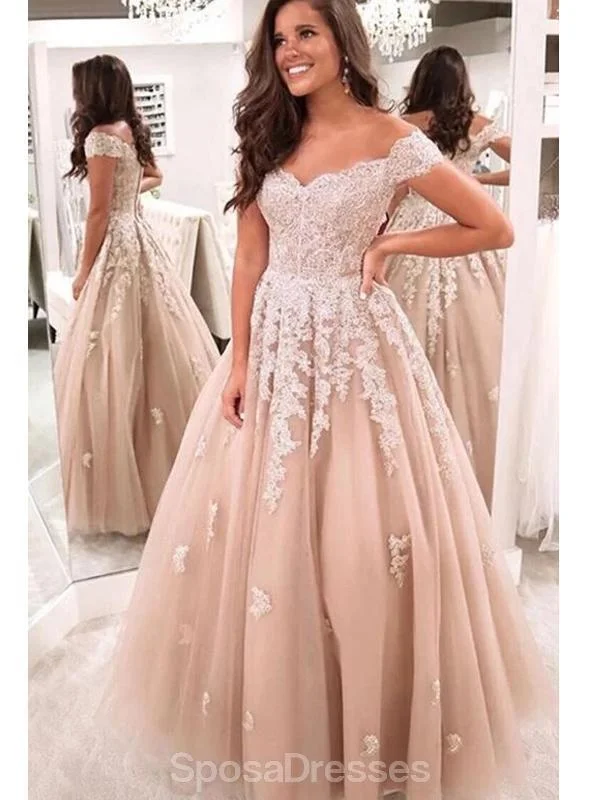 Maxi dress with geometric pattern-Off Shoulder Lace Beaded A-line Cheap Evening Prom Dresses, Evening Party Prom Dresses, 12182