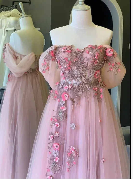 Button-down maxi dress-Off Shoulder Prom Dresses with 3D Flowers