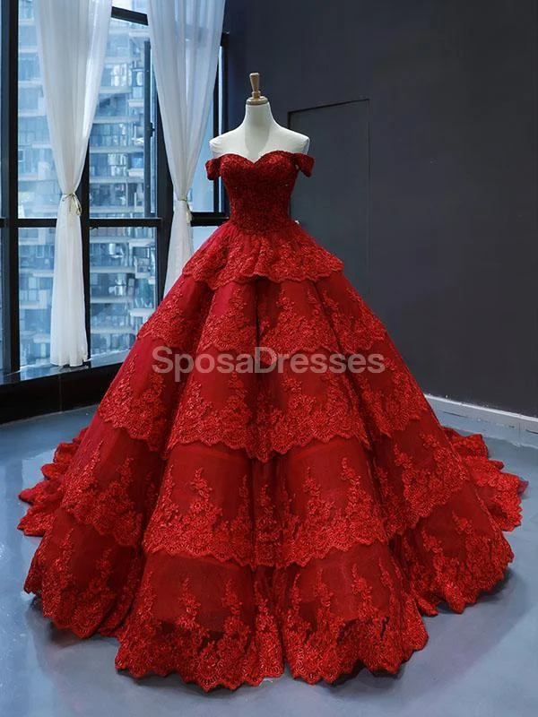 Maxi dress with asymmetrical design-Off Shoulder Red Lace Long Evening Prom Dresses, Evening Party Prom Dresses, 12250