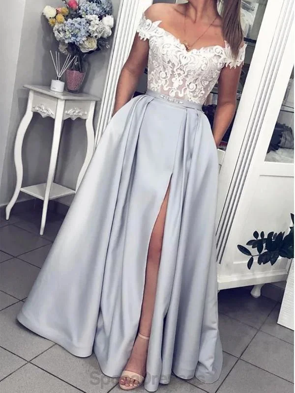 Maxi dress with bishop sleeves-Off Shoulder Silver Grey Side Slit Evening Prom Dresses, Evening Party Prom Dresses, 12144