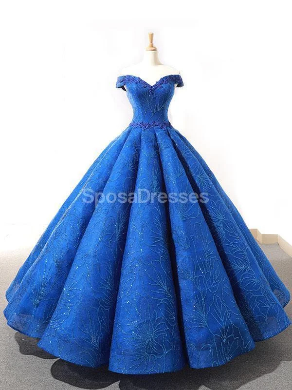 Pleated skirt maxi dress-Off Shoulder Sparkly Blue Ball Gown Evening Prom Dresses, Evening Party Prom Dresses, 12262