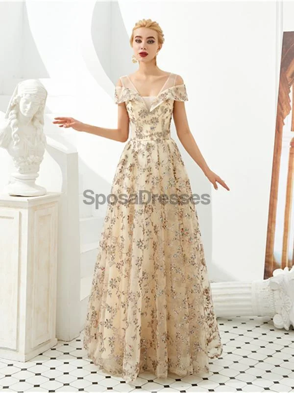 Maxi dress with sheer panels-Off Shoulder Sparkly Gold Cheap Long Evening Prom Dresses, Evening Party Prom Dresses, 12125