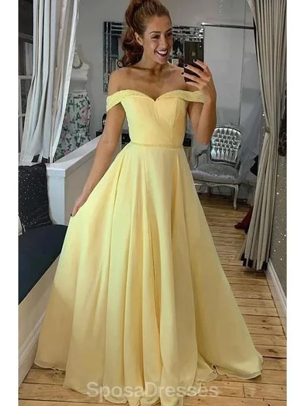 Maxi dress with nautical theme-Off Shoulder Yellow A-line Cheap Evening Prom Dresses, Evening Party Prom Dresses, 12178