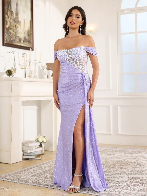 Maxi dress with gathered waist-Off The Shoulder Pleated Long Prom Dresses With Split