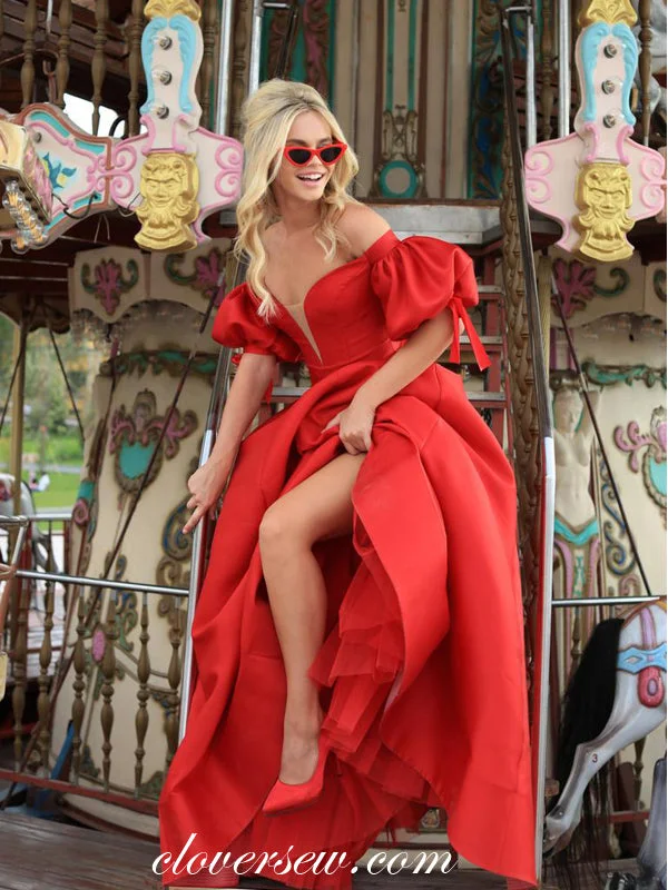 Casual chic maxi dress-Off The Shoulder Red Satin Lantern Sleeves Fashion Prom Dresses, CP0081