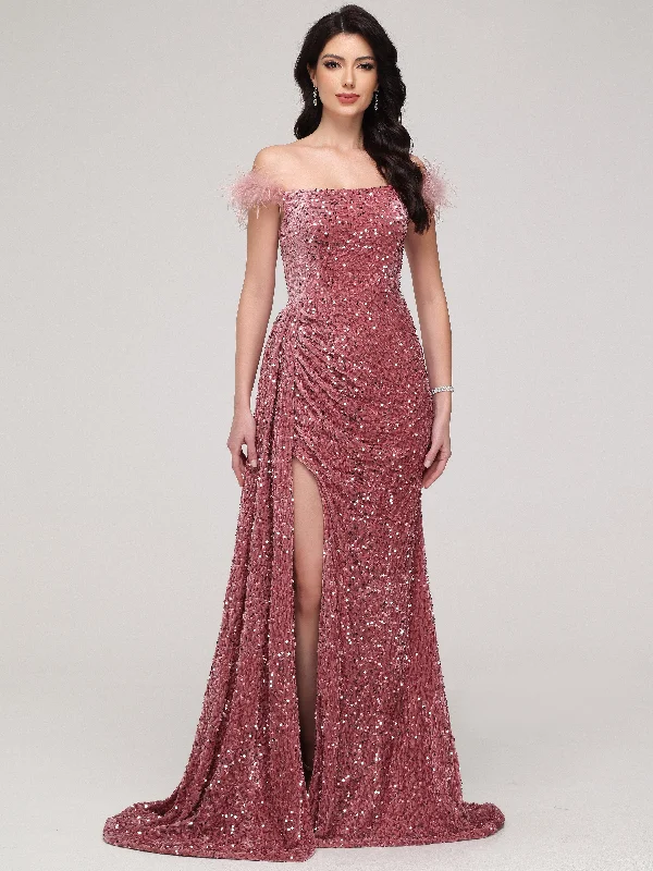 Summer maxi dress with floral print-Off The Shoulder Sequins Sweep Train Velvet Prom Dress With Split