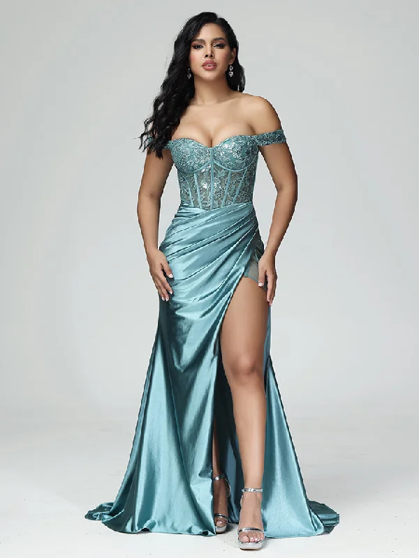 Button-down maxi dress-Off the Shoulder Strapless Split Satin Prom Dresses