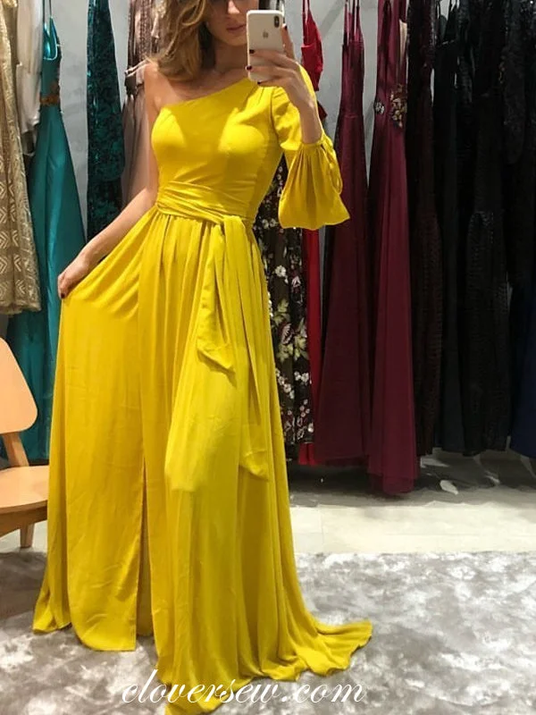 Maxi dress with botanical print-One Shoulder Long Sleeve Yellow Chiffon Prom Dresses,CP0005