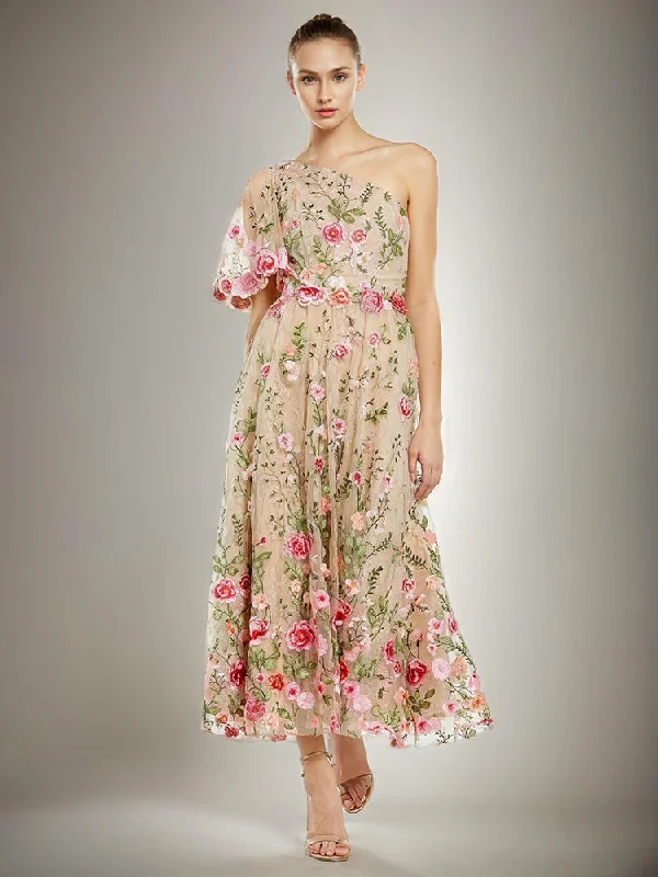 Maxi dress with textured fabric-One Shoulder Short Sleeves Printed Floral Prom Dress