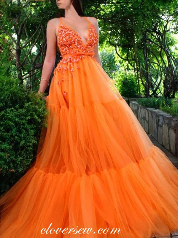 Colorblock maxi dress-Orange 3D Applique Tulle Sleeveless A-line Prom Dresses,CP0149