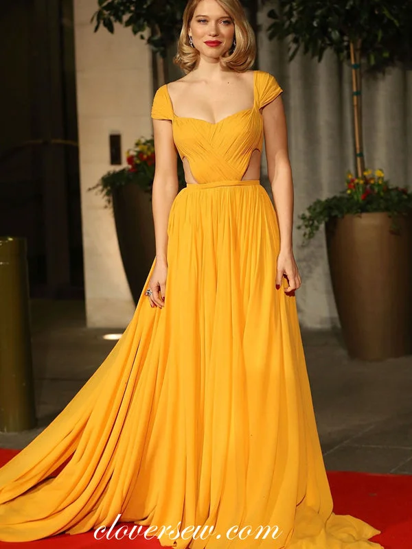 Maxi dress with frilly neckline-Orange Chiffon Cap Sleeves A-line With Train Prom Dresses ,CP0190