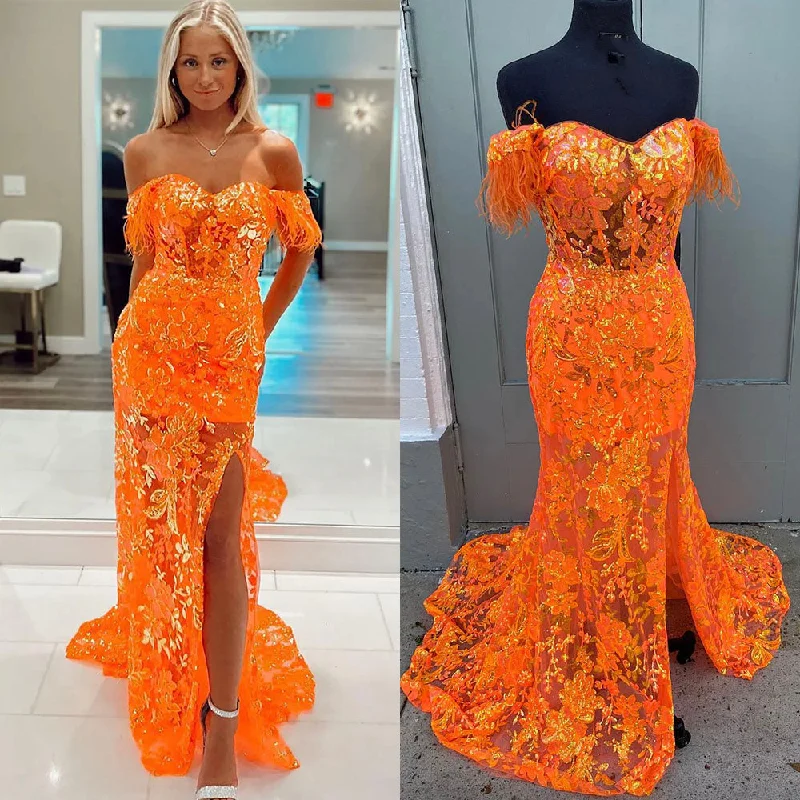 Maxi dress with festive look-Orange Prom Dresses Long Sparkly Lace