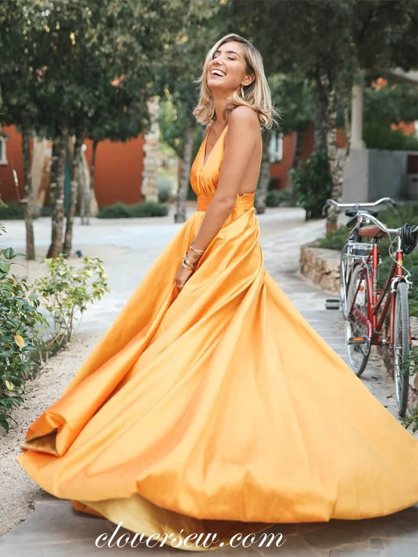 Maxi dress with shirred bodice-Orange Satin Spaghetti Strap A-line Fashion Prom Dresses, CP0043