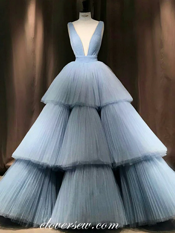 Maxi dress with botanical print-Pale Blue Pleat Tulle V-neck Tiered A-line Ball Gown Prom Dresses,CP0208