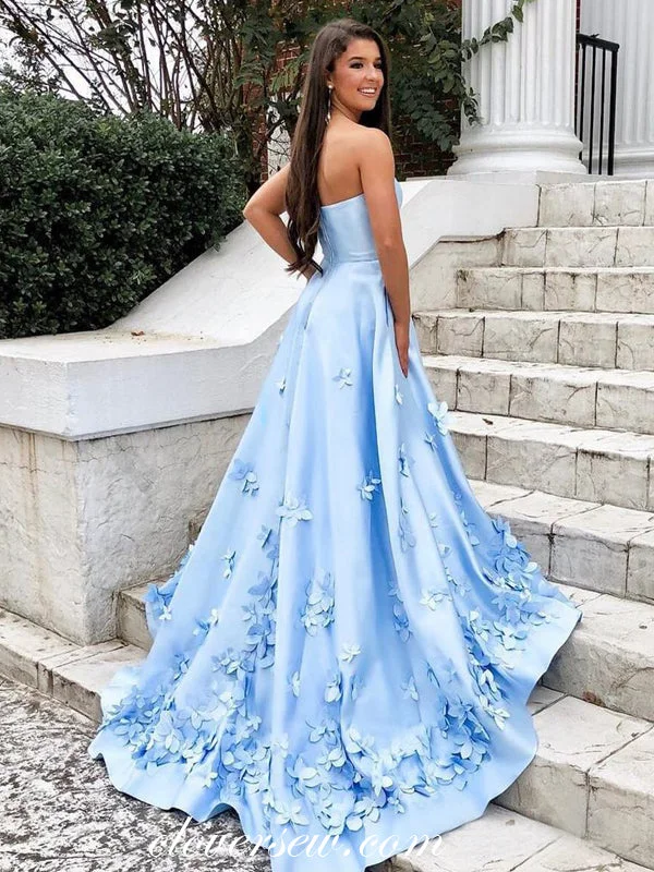 Maxi dress with batik print-Pale Blue Satin 3D Applique A-line Prom Dresses, CP0070