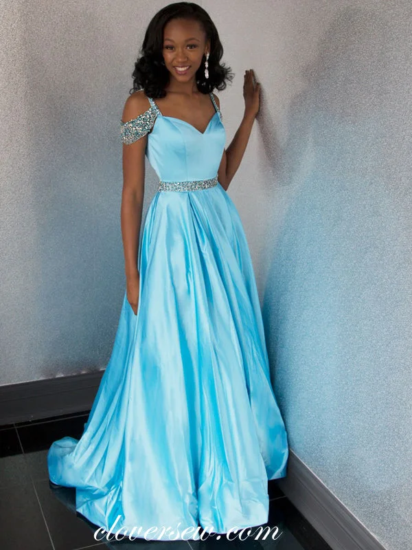 Maxi dress with handkerchief hem-Pale Blue Satin Rhinestone Strap Belt A-line Prom Dresses, CP0054