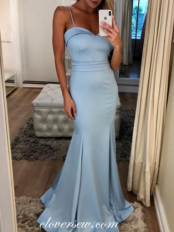 Maxi dress with keyhole back-Pale Blue Satin Spaghetti Strap Mermaid Prom Dresses,CP0329