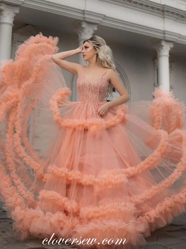 Maxi dress with high neckline-Pastel Orange Tulle Bead Ruffles Tiered A-line Prom Dresses, CP0123