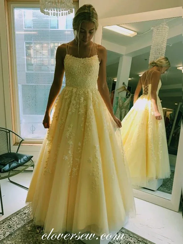 Maxi dress with tulip skirt-Pastel Yellow Lace Applique Spaghetti Strap Lace Up Back Prom Dresses,CP0246