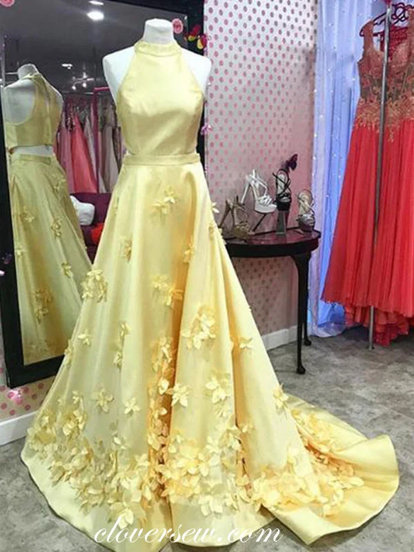 Maxi dress with bishop sleeves-Pastel Yellow Satin 3D Applique A-line Prom Dresses, CP0069