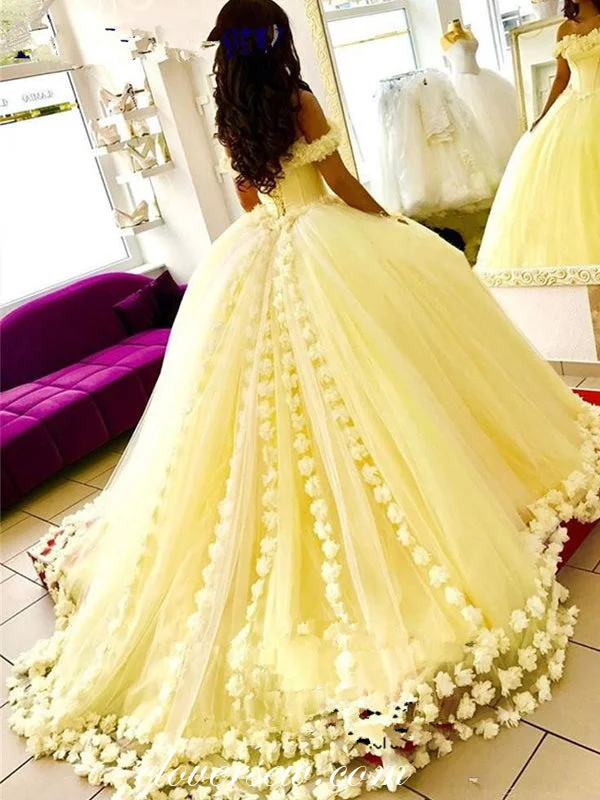 Velvet texture maxi dress-Pastel Yellow Tulle Handmade Flowers Off The Shoulder Ball Gown Prom Dresses, CP0156