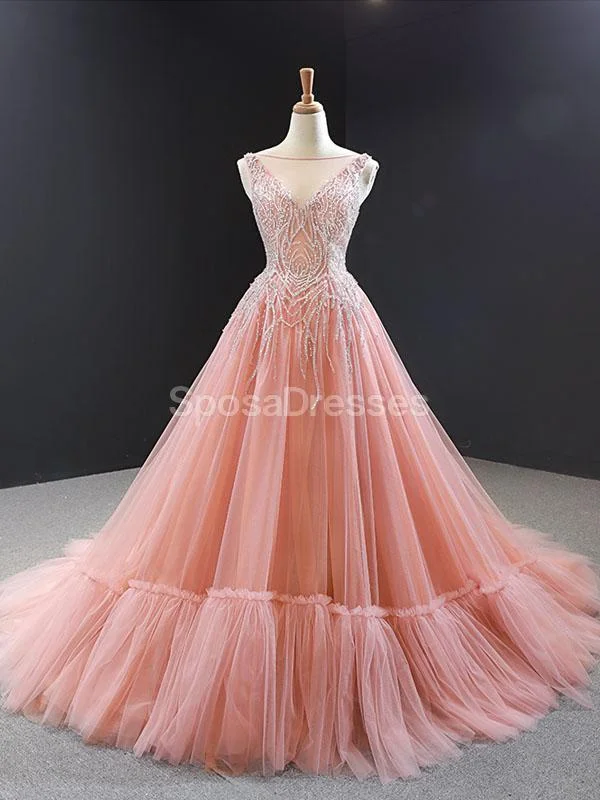 Casual chic maxi dress-Peach Scoop Beaded Ruffle Long Evening Prom Dresses, Evening Party Prom Dresses, 12255